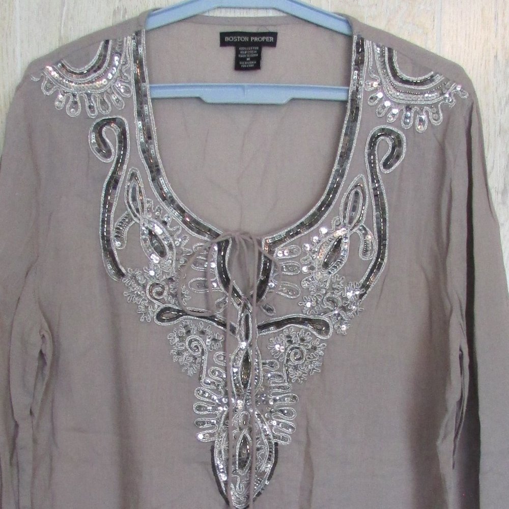 Boston Proper Embellished Gray Tunic Sequins Beads Top Blouse